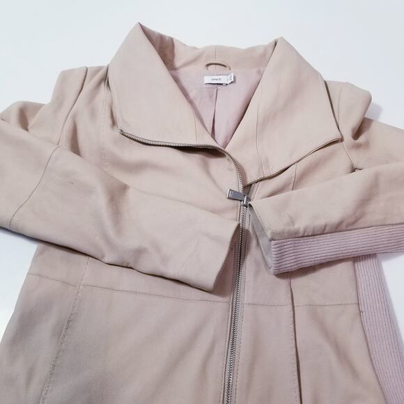 VINCE 100% Goat Leather Merino Wool Ribbed Trim Moto Jacket Double Zipper - Picture 4 of 14